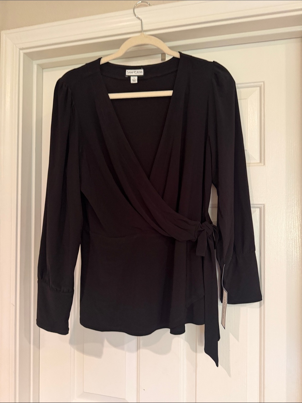 Black Wrap Blouse with Puff Sleeves
